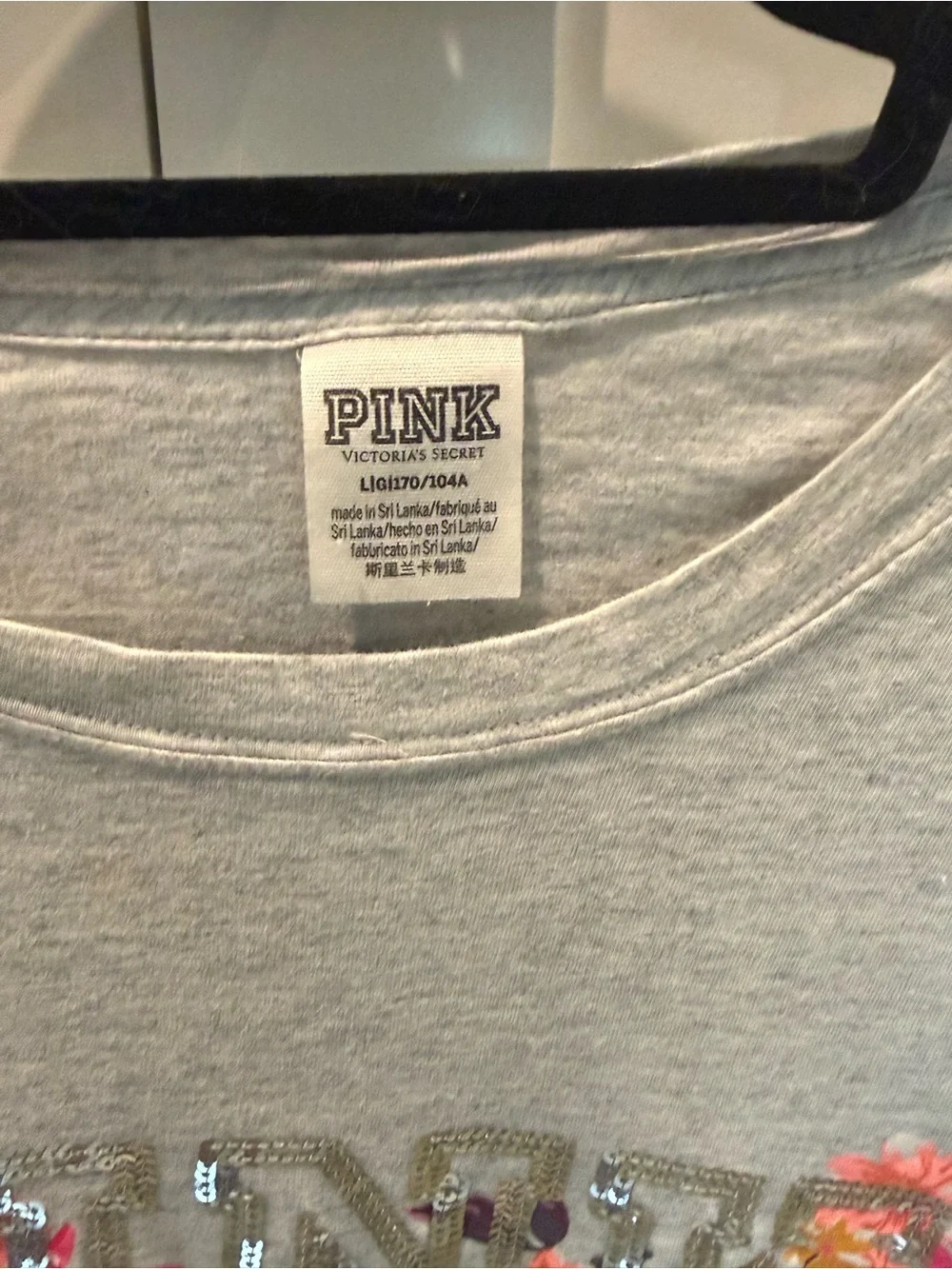PINK Victoria's Secret Light Gray Long-Sleeve Tee with Sequin Floral Logo - Picture 3 of 5